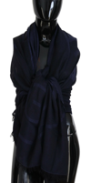 GF FERRE' DARK BLUE WOOL NECK WRAP SHAWL FRINGES SCARF