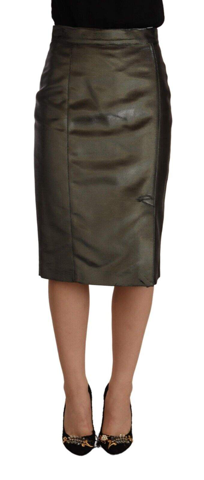 Gf Ferre' Metallic Grey High Waist Pencil Midi Skirt