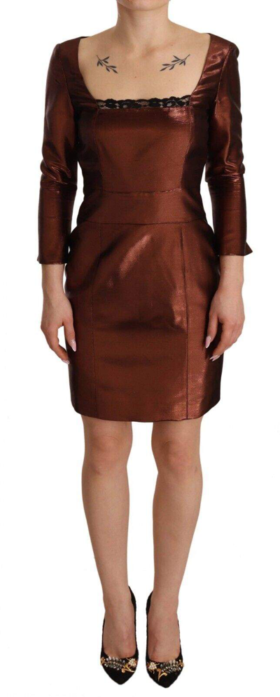 Gf Ferre' Metallic Brown Long Sleeves Square Neck Sheath Dress In Bronze
