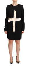 GIVENCHY BLACK WOOL LONG SLEEVES BELTED MINI SHEATH DRESS