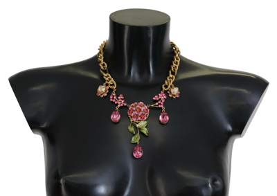 DOLCE & GABBANA GOLD BRASS CHAIN CRYSTAL FLORAL ROSES JEWELRY NECKLACE