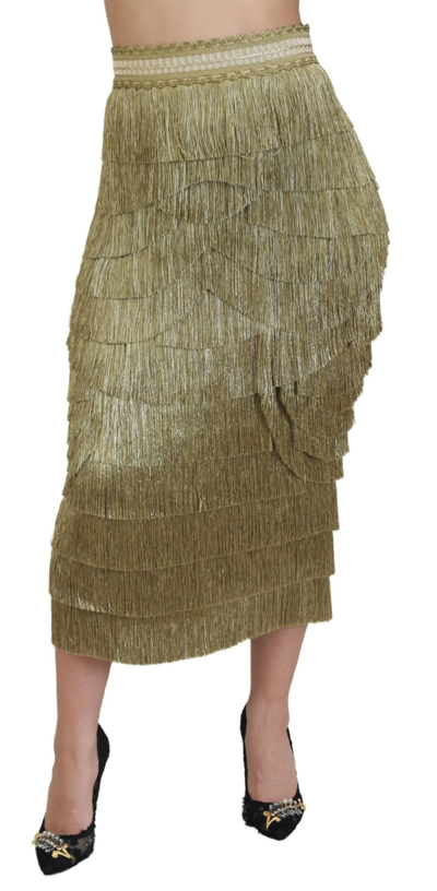 DOLCE & GABBANA GOLD TIERED METALLIC FRINGED MIDI SILK SKIRT