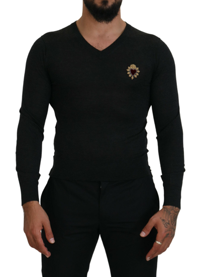 Dolce & Gabbana Grey Cashmere V-neck Gold Heart Jumper