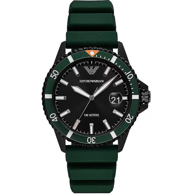 Emporio Armani Green Silicone And Steel Quartz Watch In Black And Green