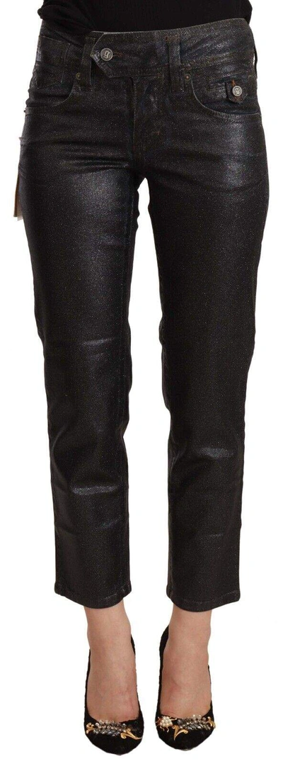 John Galliano Black Glittered Mid Waist Cotton Cropped Pants