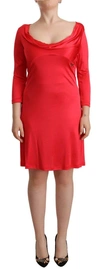John Galliano Red Viscose 3/4 Sleeves Deep Round Neck Sheath Dress In Red