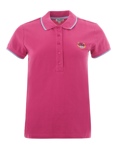 Kenzo Cotton Piquet Polo In Pink With Tiger Embroidery