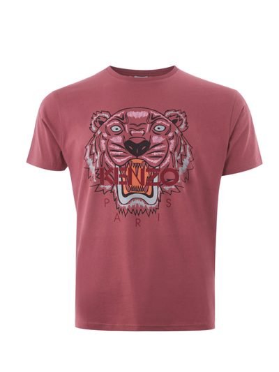 Kenzo Light Red Cotton T-shirt With Tiger Print And Front Logo In Pink