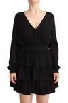 LIU •JO BLACK POLYESTER LONG SLEEVES V-NECK MINI A-LINE DRESS