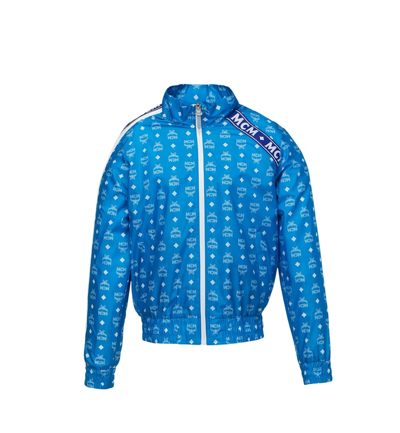 Mcm Blue Nylon Bomber Jacket White Logo Print