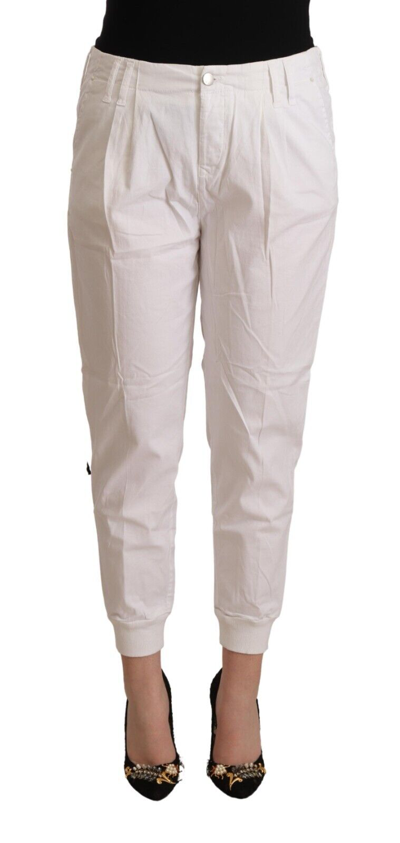Met White Cotton Mid Waist Tapered Cropped Trousers
