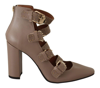 My Twin Brown Leather Block Heels Multi Buckle Pumps Shoes In Brown