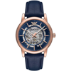 EMPORIO ARMANI NAVY BLUE LEATHER AND STEEL AUTOMATIC WATCH