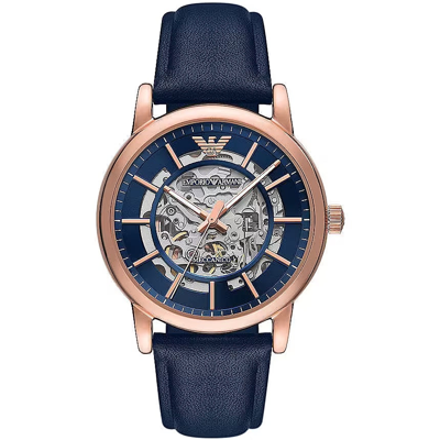 Emporio Armani Blue Leather And Steel Automatic Men's Watch In Navy Blue