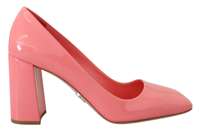 Prada Patent Leather Block Heels Pumps Women's Classic In Pink