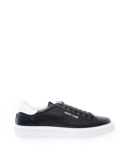 Roberto Cavalli Black Leather Trainers With Silver Logo