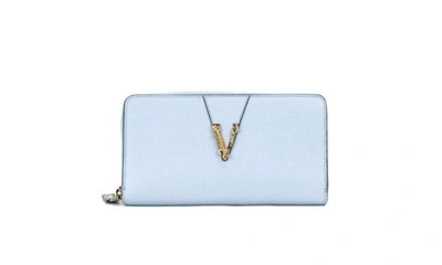 Versace Large Cornflower Grainy Leather Gold Monogram Zip Around Clutch Wallet In Liliac