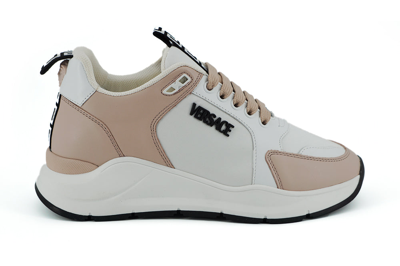 Versace Light Pink And White Calf Leather Sneakers In Powder Pink