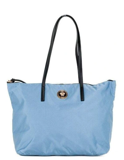 Versace Portuna Medusa Medium Cornflower Blue Nylon Leather Tote Bag Purse