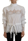 DOLCE & GABBANA WHITE COTTON LACE TRIM TURTLE NECK BLOUSE TOP