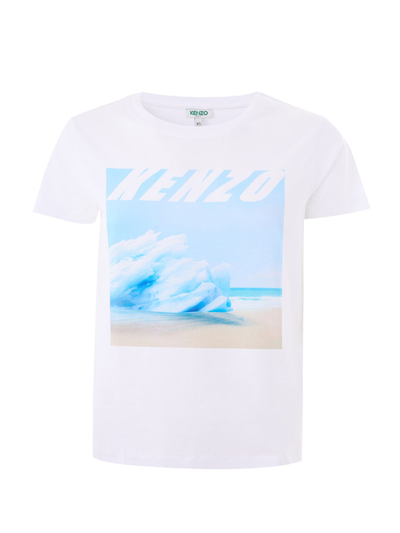 Kenzo White Cotton T-shirt With Wave Blue Print