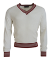 DOLCE & GABBANA WHITE RED KNITTED V-NECK PULLOVER SWEATER