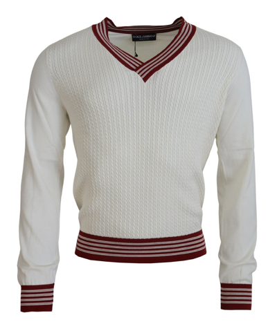 Dolce & Gabbana White Red Knitted V-neck Pullover Sweater In Off White