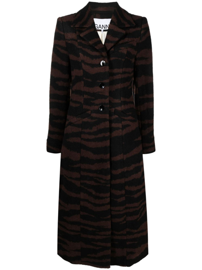 Ganni Leopard-jacquard Long Coat In Black
