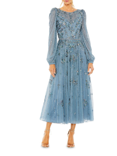 Mac Duggal Women's Embellished Long-sleeve Midi-dress In Slate Blue