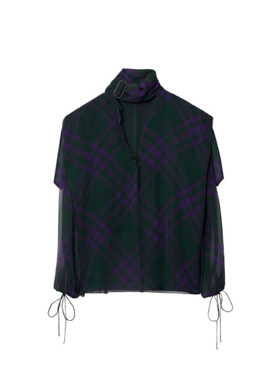 Burberry Check Silk Chiffon Blouse In Royal