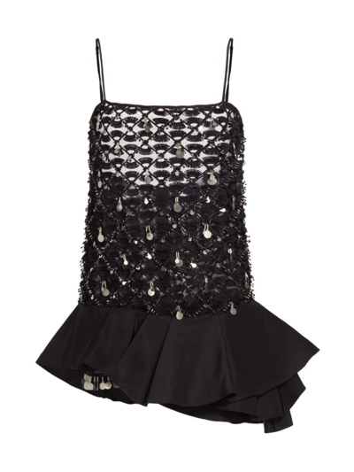 Johanna Ortiz Folky Affair Bead Embroidered Sleeveless Drop-waist Mini Dress In Black