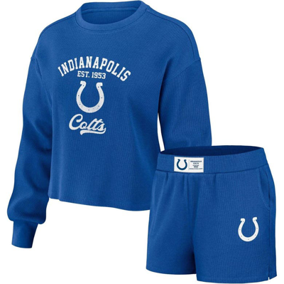 Wear By Erin Andrews Women's  Royal Distressed Indianapolis Colts Waffle Knit Long Sleeve T-shirt And