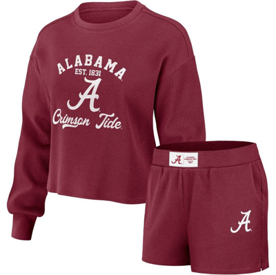 Wear By Erin Andrews Crimson Alabama Crimson Tide Waffle Knit Long Sleeve T-shirt & Shorts Lounge Se