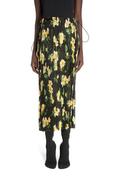 Balenciaga Pleated Floral Midi Skirt In Black