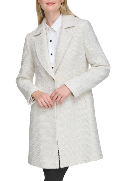 Karl Lagerfeld One Button Wool Blend Bouclé Coat In White