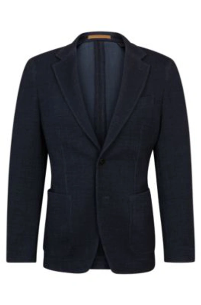 Hugo Boss Slim-fit Jacket In Micro-patterned Fabric With Silk In Dark Blue
