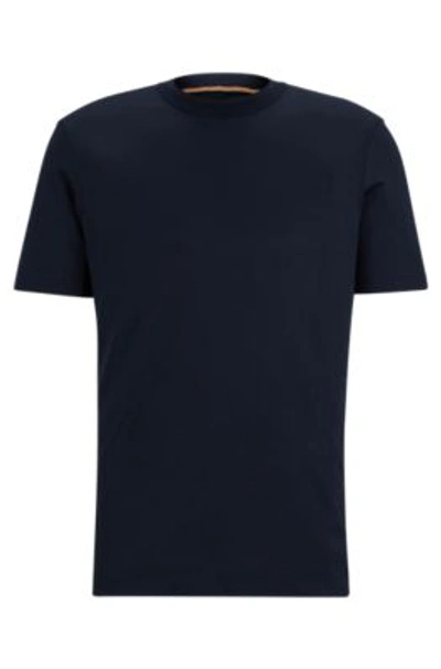 Hugo Boss Cotton-silk T-shirt With Fineline Stripes And Double Collar In Dark Blue