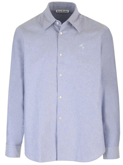 Acne Studios Logo Embroidered Collared Button In Aan Blue