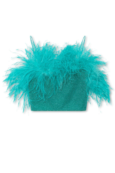 Oseree Glitter Feather Trimmed Crop Top In Aquamarine