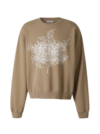 Acne Studios Logo Printed Crewneck Sweatshirt In Dark Beige