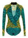 Versace Baroccodile-print Draped Bodysuit In Glacier Green/black/gold