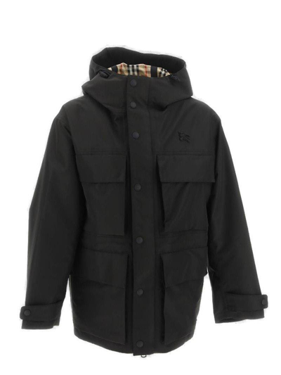 Burberry Patch-pocket Hooded Parka Coat In Black
