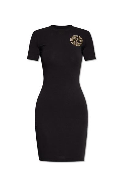 Versace Jeans Couture Cotton Blend Logo Jersey Tee Dress In Black/gold