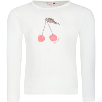 Bonpoint Kids' Cherry-embroidered Long-sleeve T-shirt In Ivory