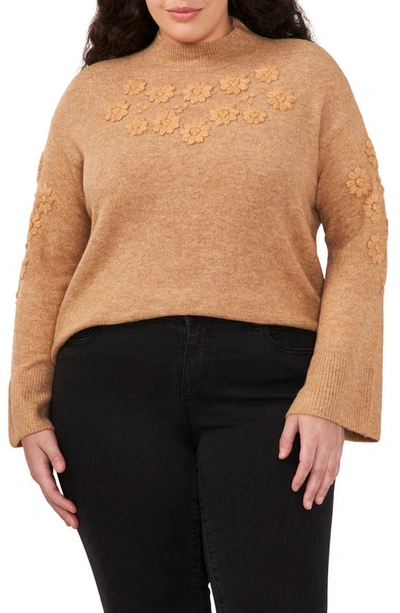 Cece Floral Embroidered Mock Neck Sweater In Latte Heather Brown