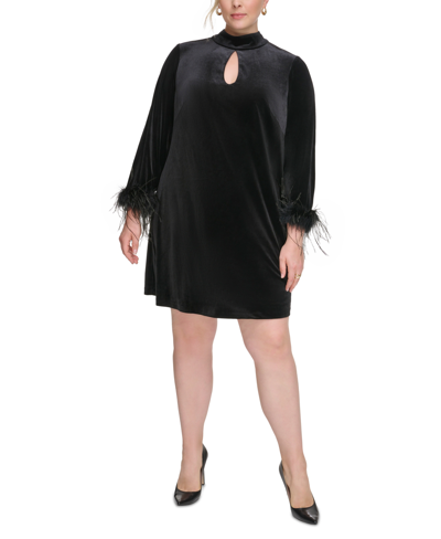 Eliza J Plus Size Velvet Feather-sleeve Mini Dress In Black
