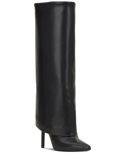 Inc International Concepts Skylar Wide-calf Fold Over Cuffed Knee High Boots, Created For Macy's In Black Smooth Wide Calf