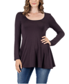 24seven Comfort Apparel Long Sleeve Solid Color Swing Style Flared Tunic Top In Brown