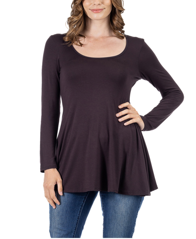 24seven Comfort Apparel Women's Long Sleeve Swing Style Flare Tunic Top In Brown