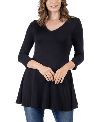 24seven Comfort Apparel Women's Three Quarter Sleeve V-neck Tunic Top In Black